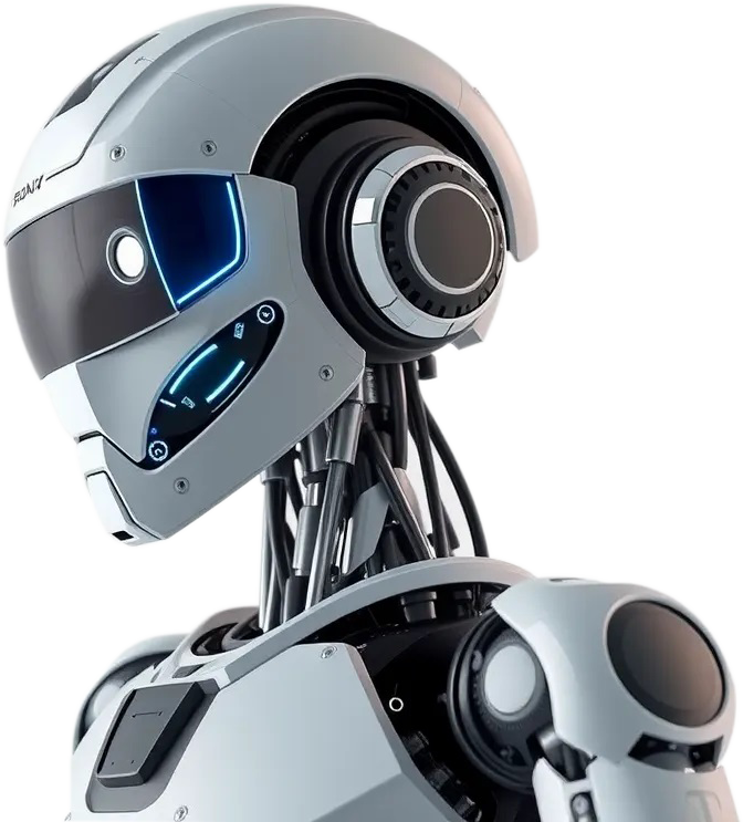 A robot is wearing a helmet and headphones.