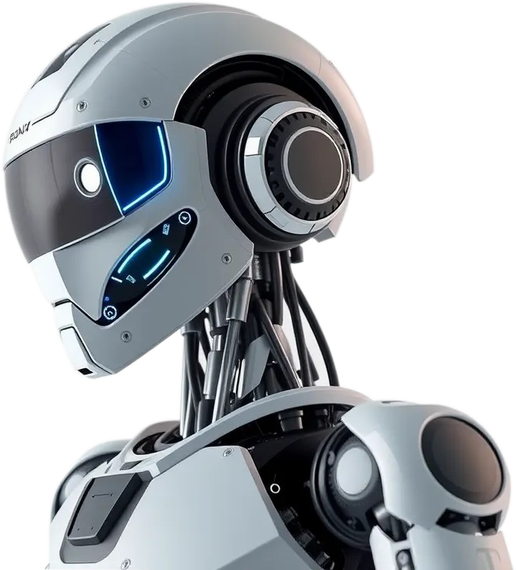 A robot is wearing a helmet and headphones.