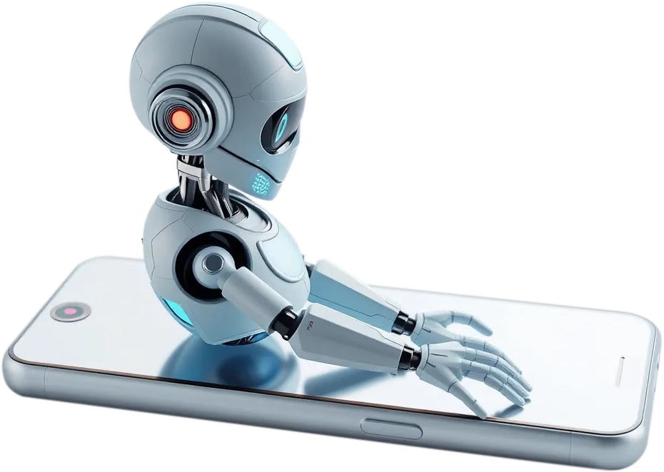 A robot is sitting on top of a cell phone.