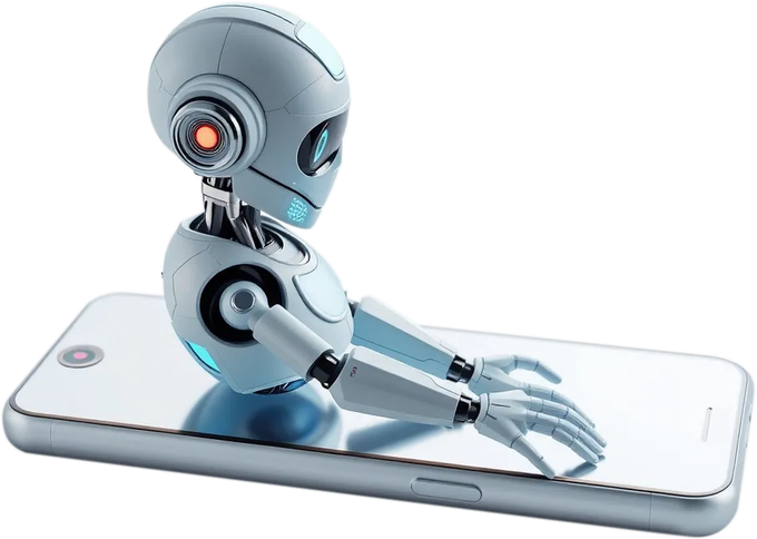 A robot is sitting on top of a cell phone.