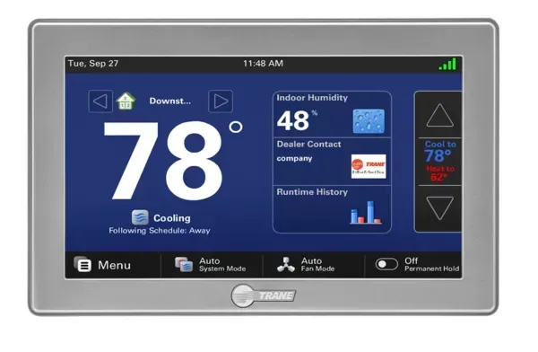 Digital thermostat displaying 78 degrees, indoor humidity 48%, and menu options.