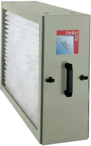 Air filter unit, rectangular, beige, with a handle and filter access label.