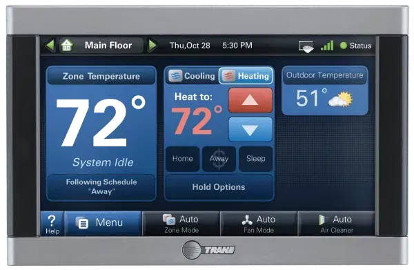 Smart thermostat screen displaying current temperature, heating settings, and outdoor temperature.