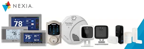 Nexia smart home products: thermostats, door lock, smoke detector, cameras, sensors.