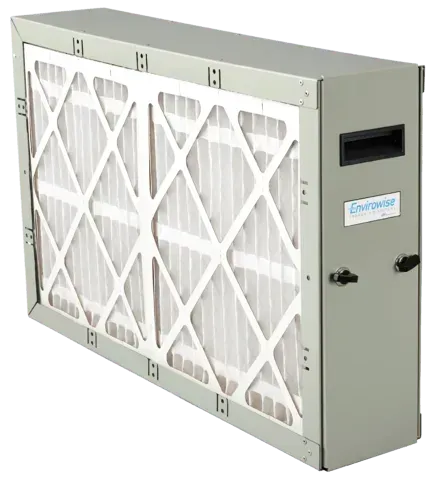 Metal air filter box with pleated filter.