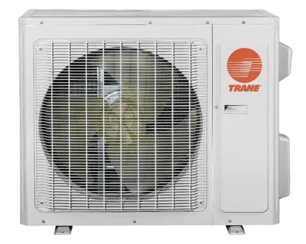 White Trane air conditioning unit with a large fan behind a metal grill.