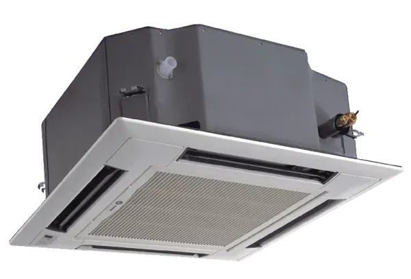 Ceiling-mounted HVAC unit with a square, white vent panel and a dark gray housing.