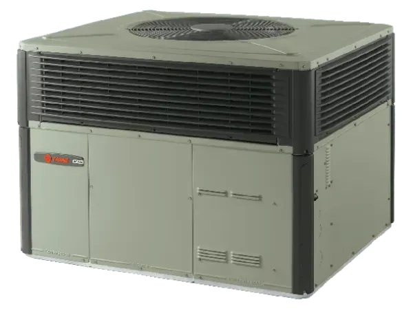 Gray Trane packaged HVAC unit with fan on top, in an outdoor setting.