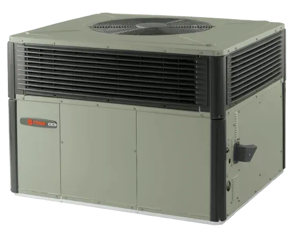 A Trane XR16 air conditioner unit with a fan on top, in a tan metal box.