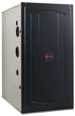 Trane gas furnace, dark front panel with logo, silver side panel.