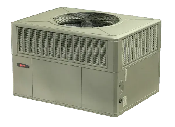 Exterior air conditioning unit. Gray, rectangular box with top fan.