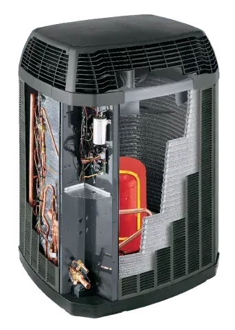 Cutaway view of an air conditioning unit; copper pipes, red tank, and internal components are visible.