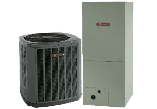 An air conditioner unit (left) and furnace (right) with the Trane brand logo, on a white background.