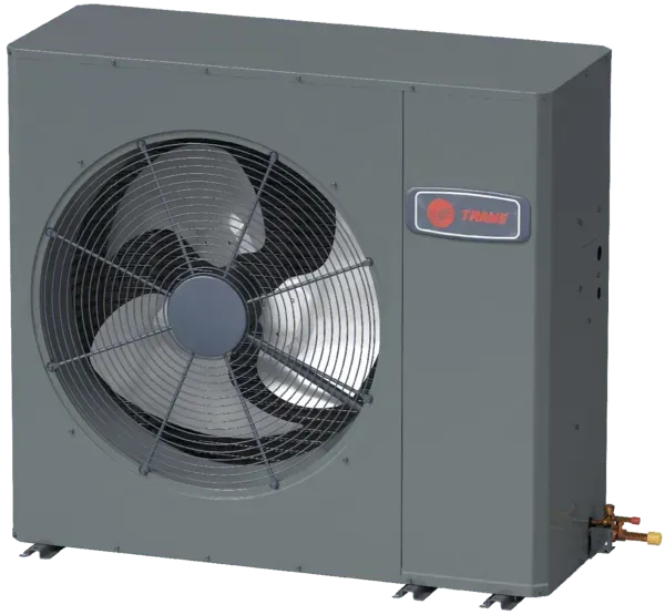 Gray Trane outdoor air conditioning unit with large fan and logo.