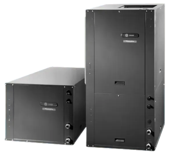 Two dark gray Trane HVAC units: one rectangular and one upright.