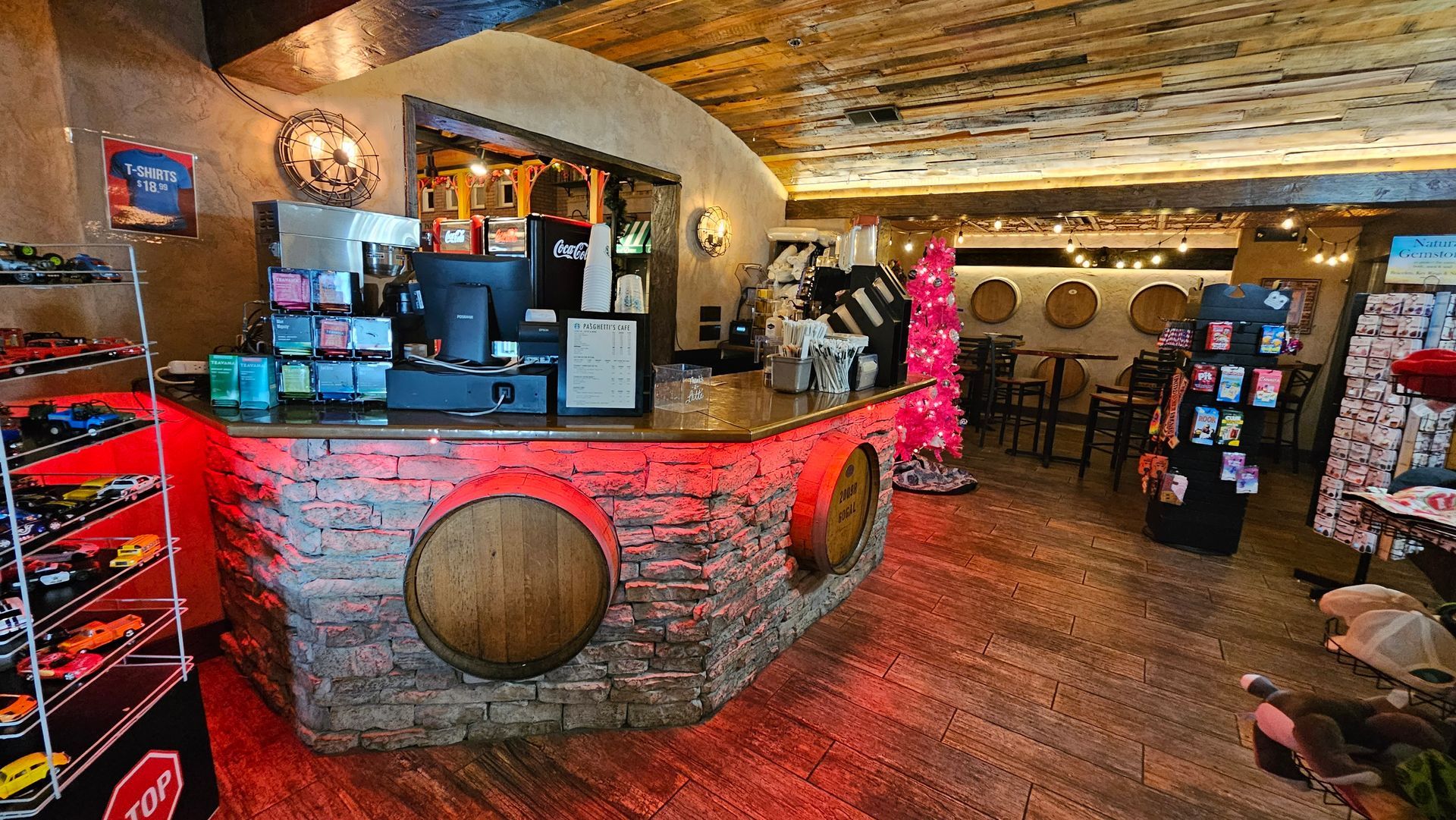 A restaurant with a red light on the counter.