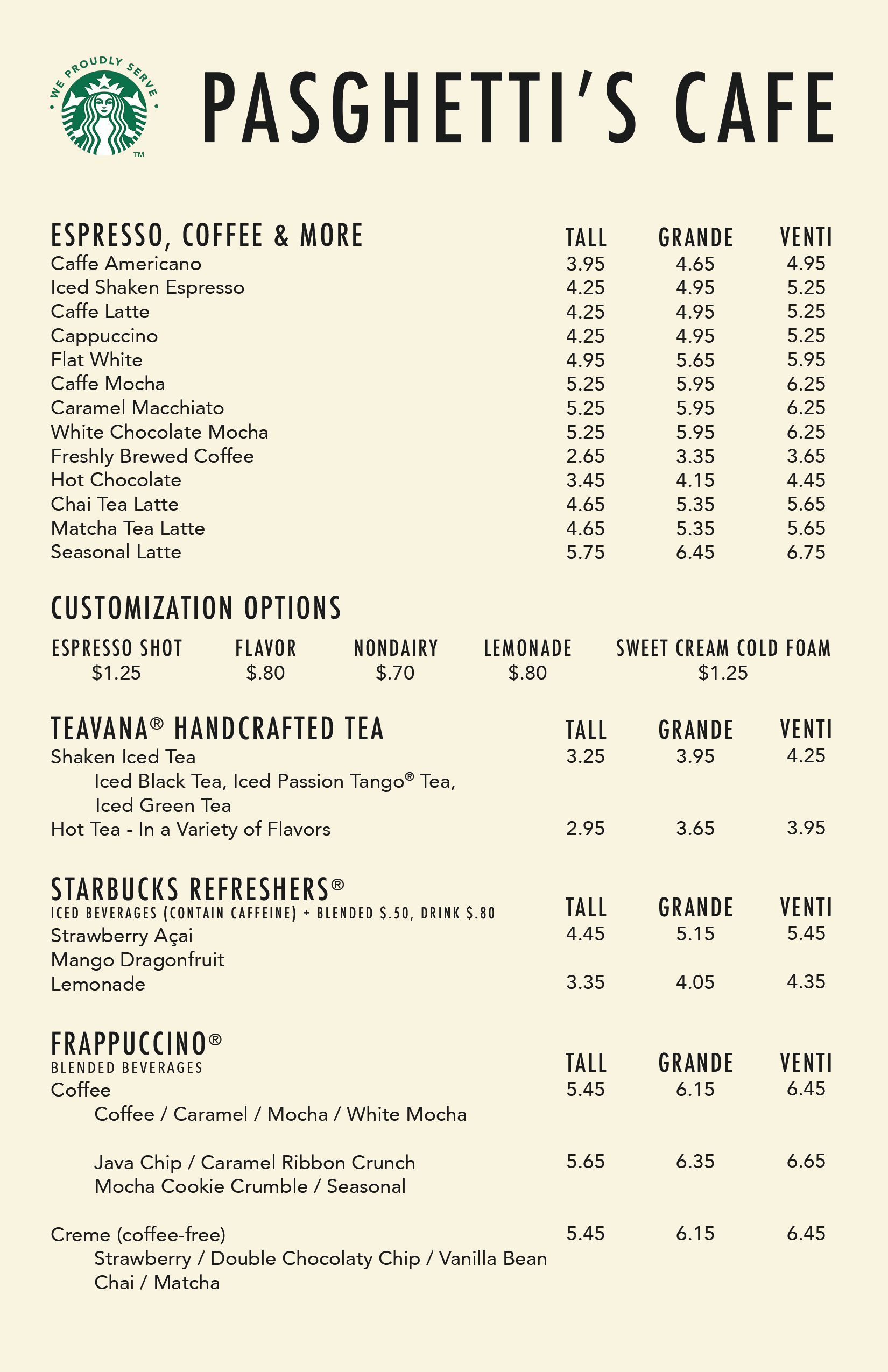 A menu for spaghetti 's cafe with a starbucks logo on it