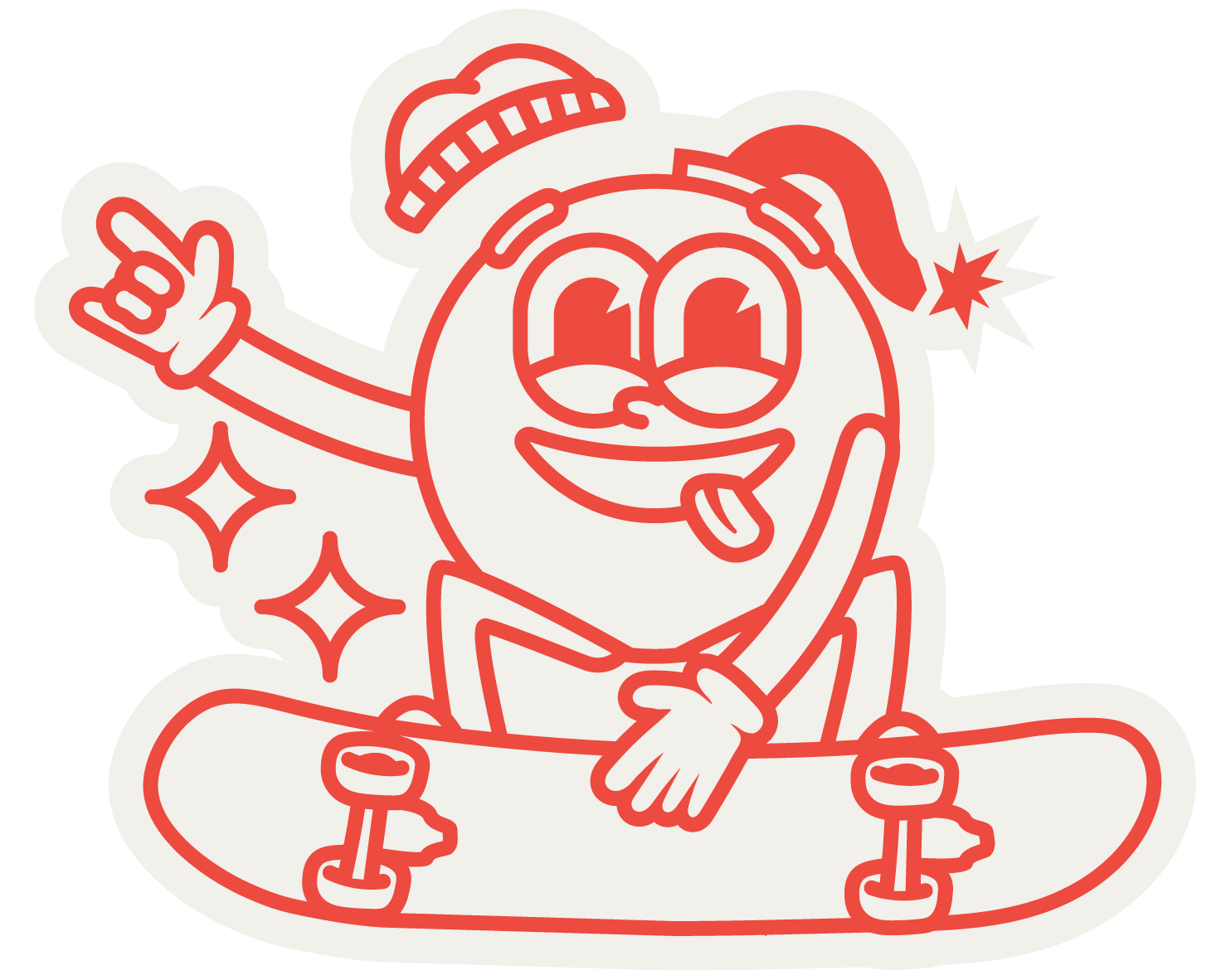 Personatge de dibuixos animats vermell amb una gorra i un barret de Pare Noel, en un monopatí, fent el senyal de 