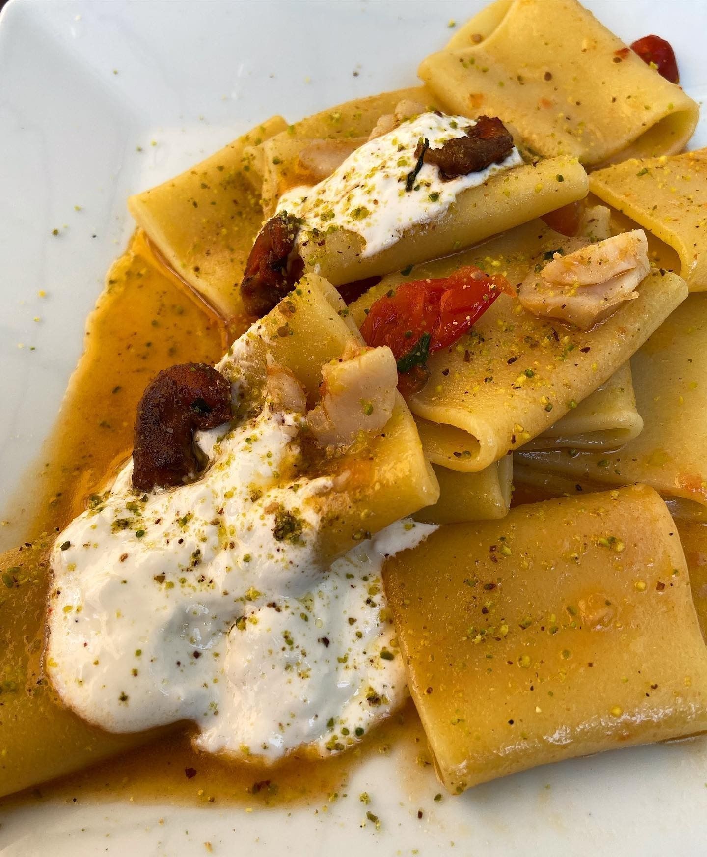 Piatto di pasta con salsa cremosa, pomodori secchi ed erbe aromatiche su un piatto bianco.