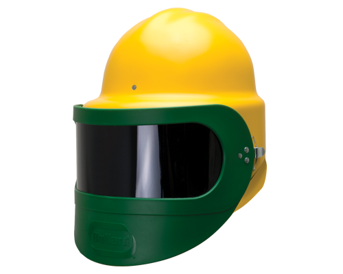 Yellow and green safety helmet with a dark visor, shown in profile.