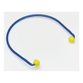 Blue curved cable with yellow caps on both ends