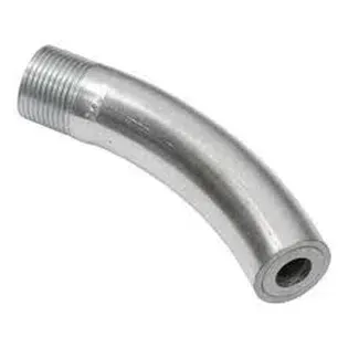 Curved silver metal pipe fitting with threaded end, isolated on white background