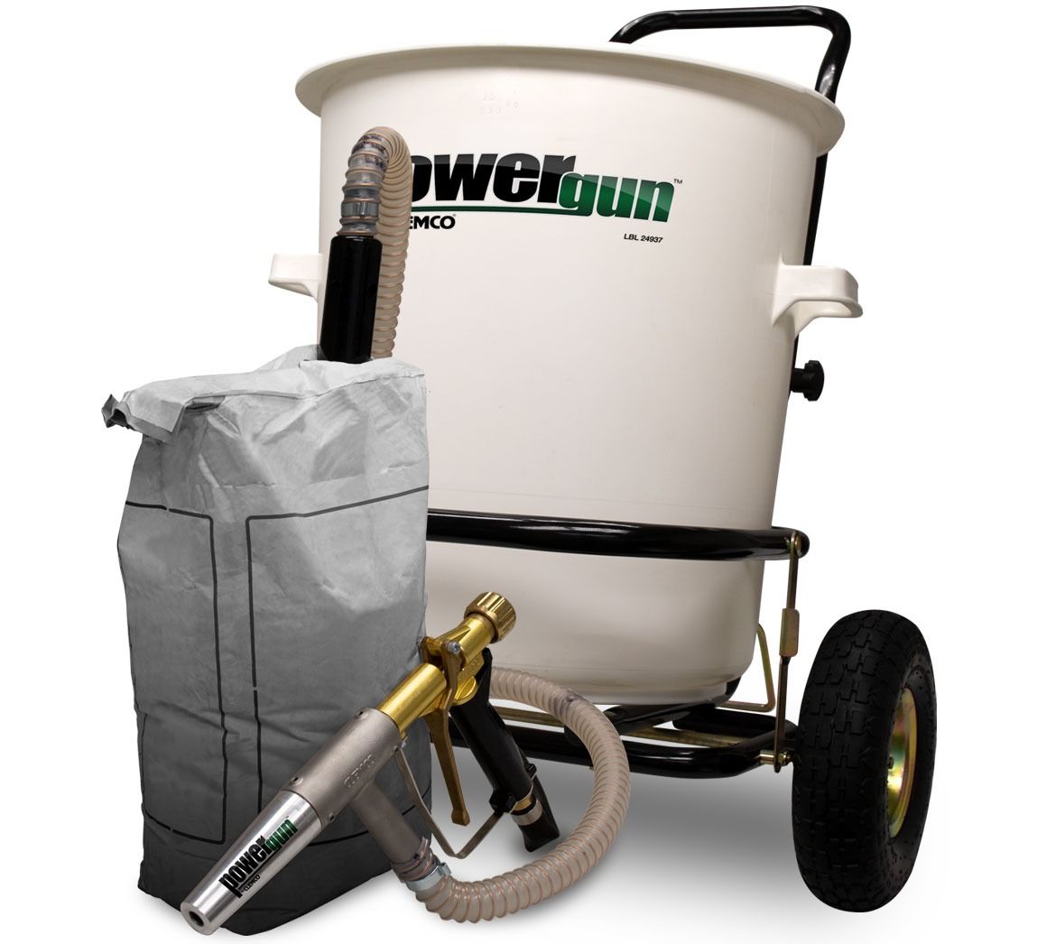 White vacuum blower with black hose, wheeled cart, and gray collection bag on a white background