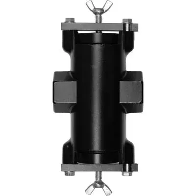 Black cylindrical clamp with silver wing screws on a white background