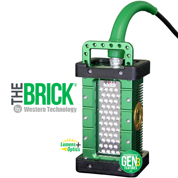 Green portable LED work light with handle, labeled “THE BRICK” and “Gen 3” on white background