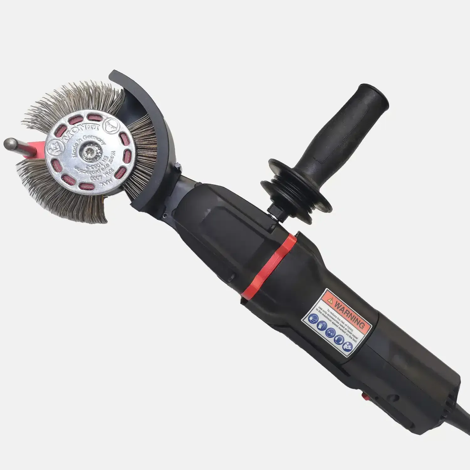 Black angle grinder with side handle and wire brush attachment on a white background