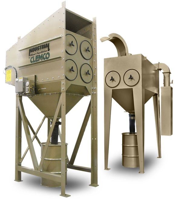 Industrial dust collector machines with metal hoppers, vents, and support frames in beige-gray finish