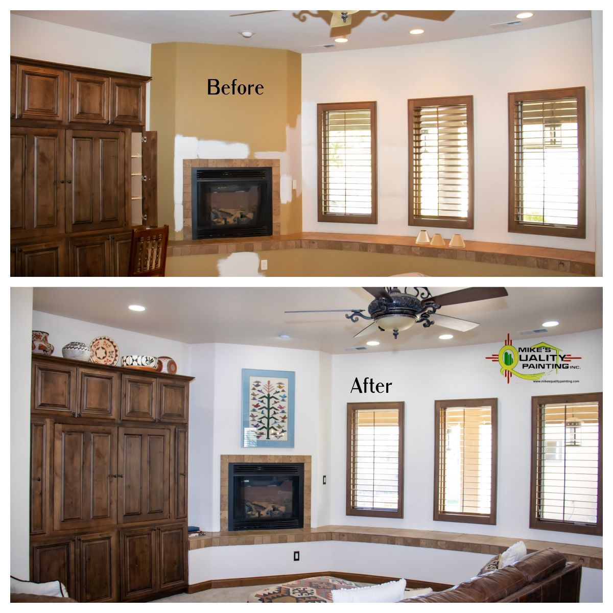 a before and after photo of a living room