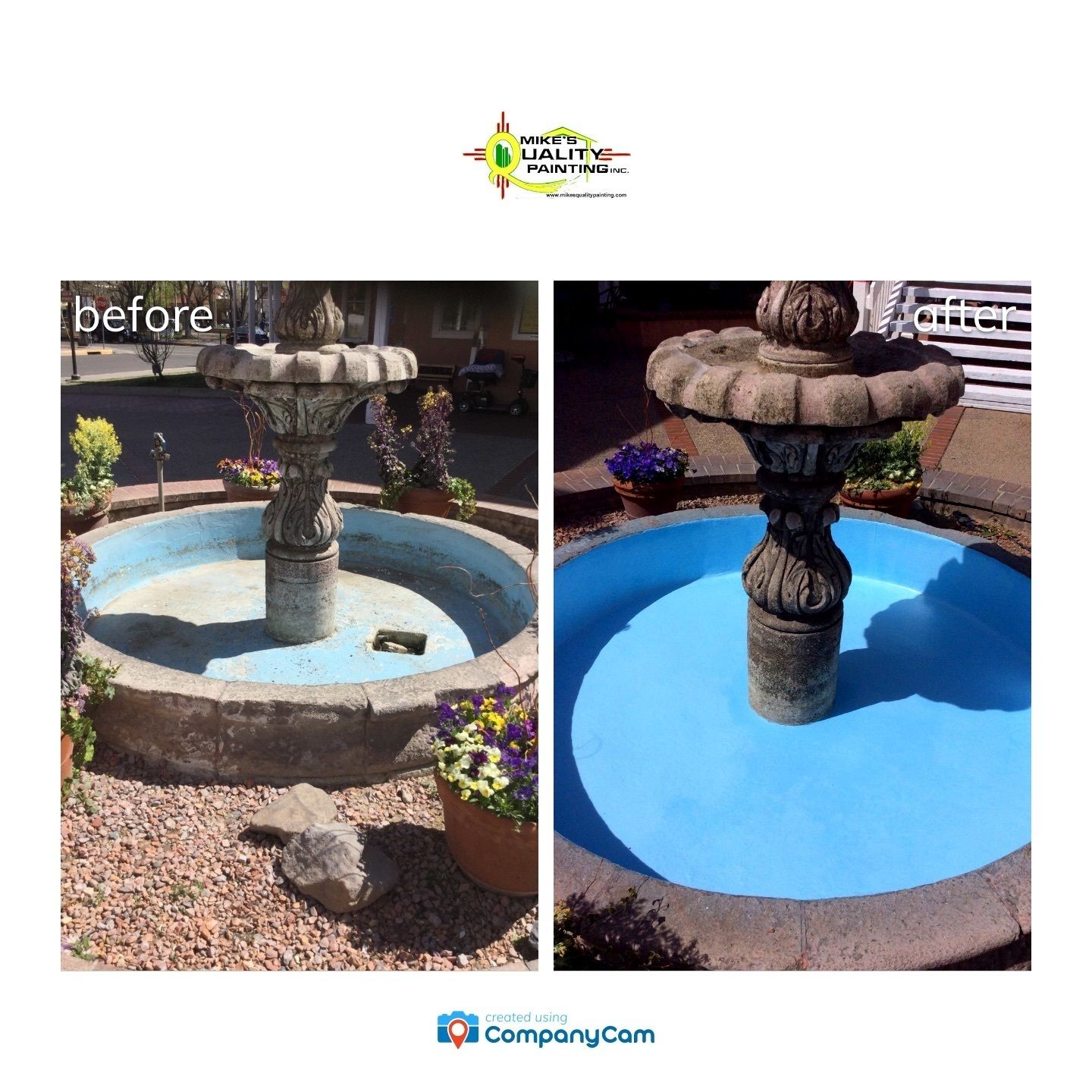 a picture of a fountain before and after being painted blue