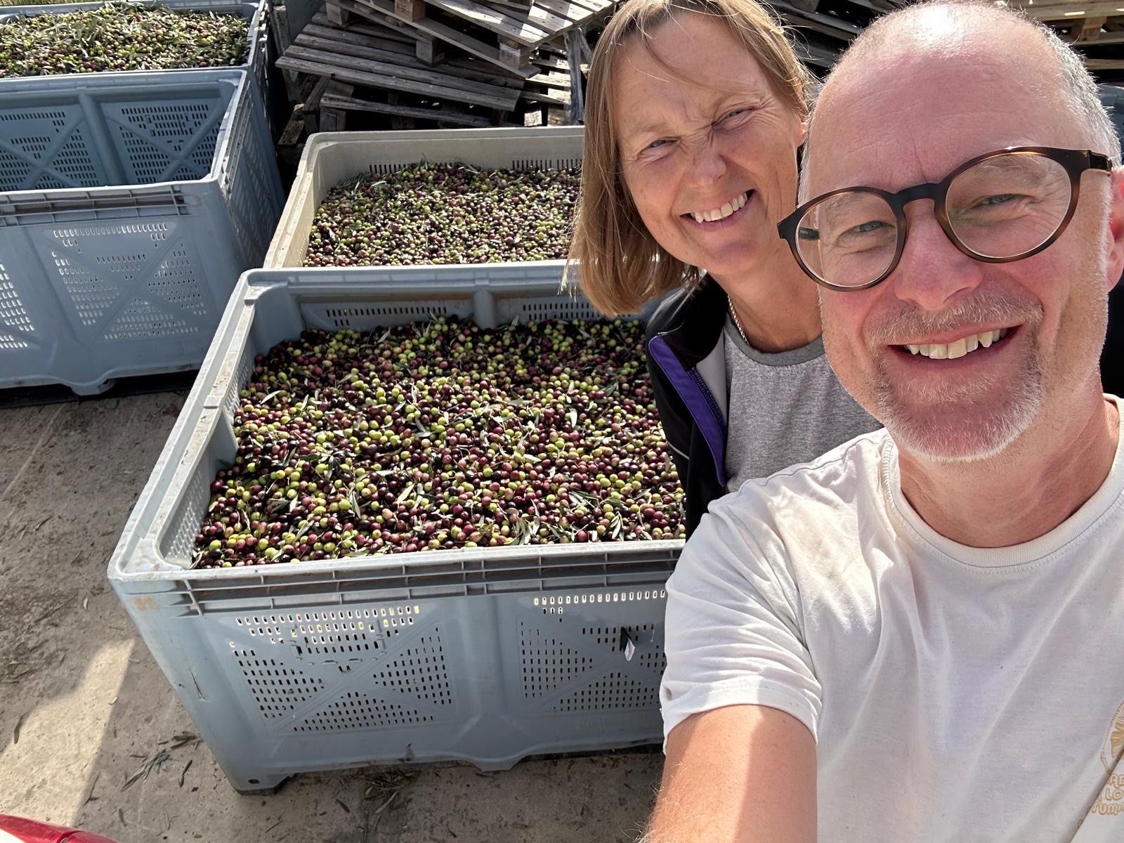 Claire and Ed with olives at the mill in Traiguera near Vinaros