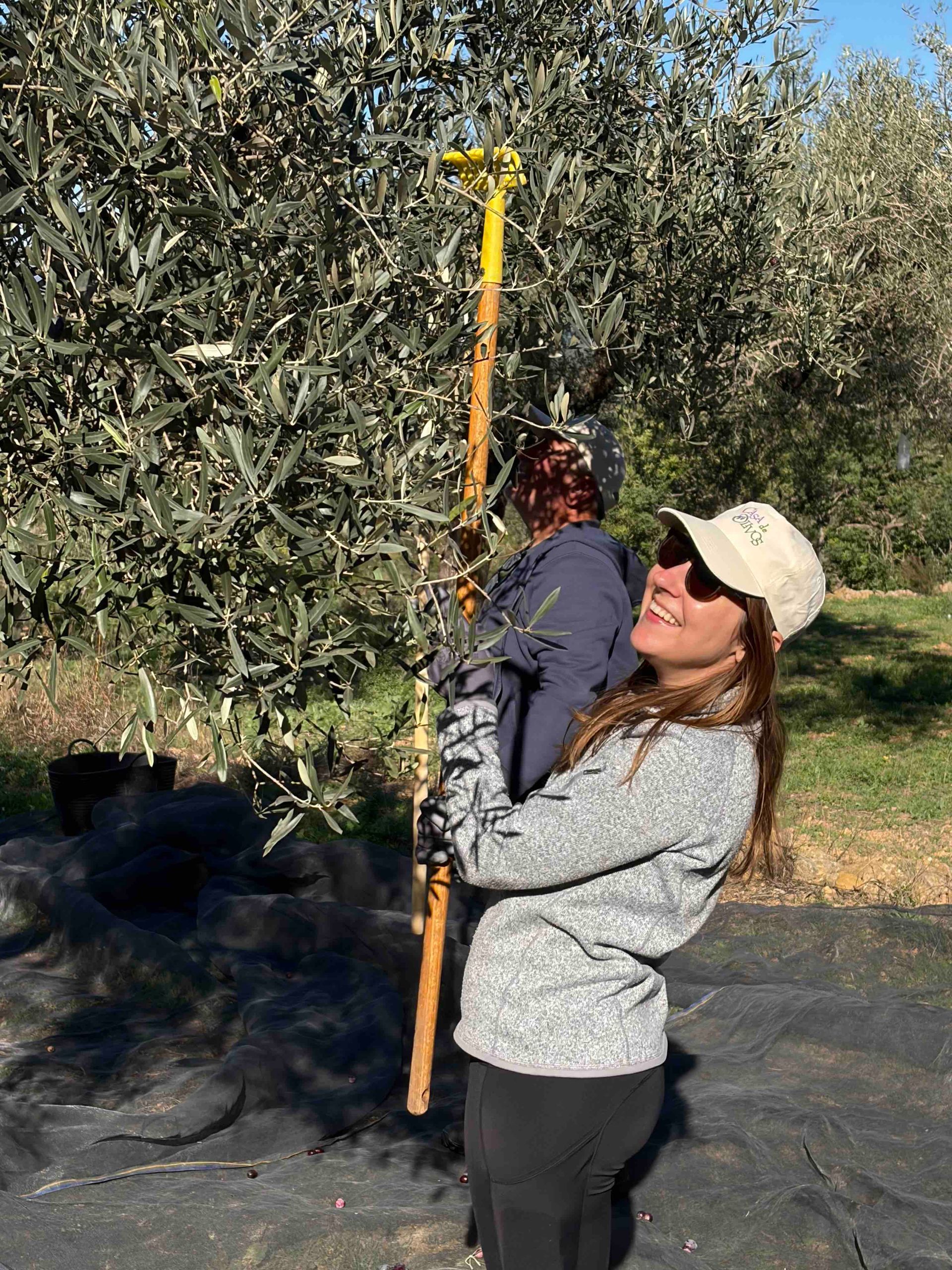 Young female guest enjoying taking part in the Casa de Olivos olive harvest experience in Traiguera