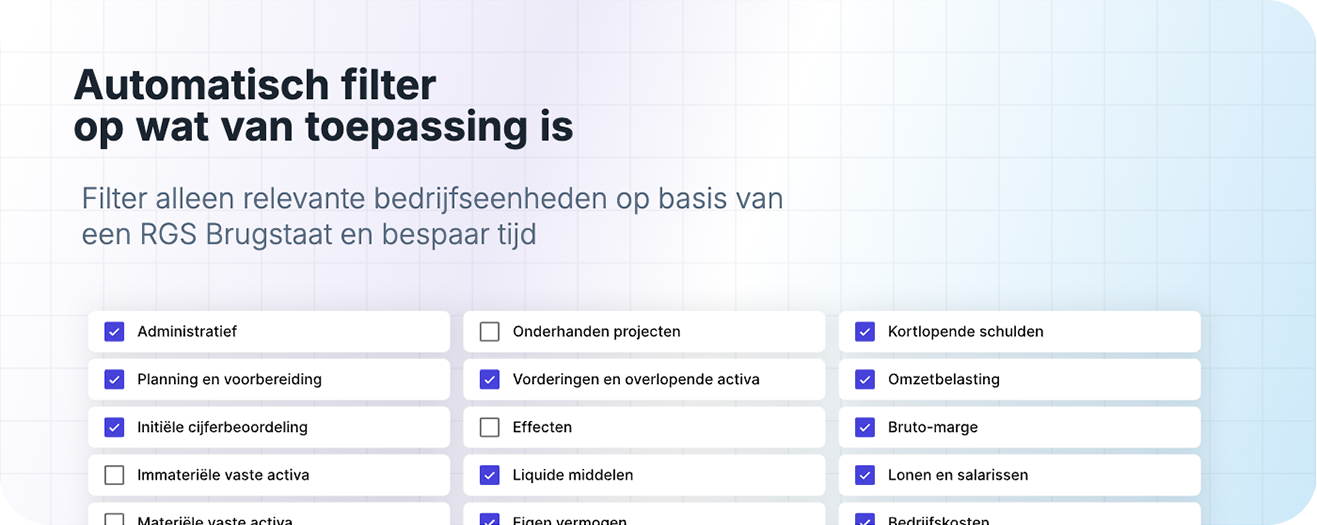 Automatische filteropties om te selecteren voor zakelijke cases, met selectievakjes.