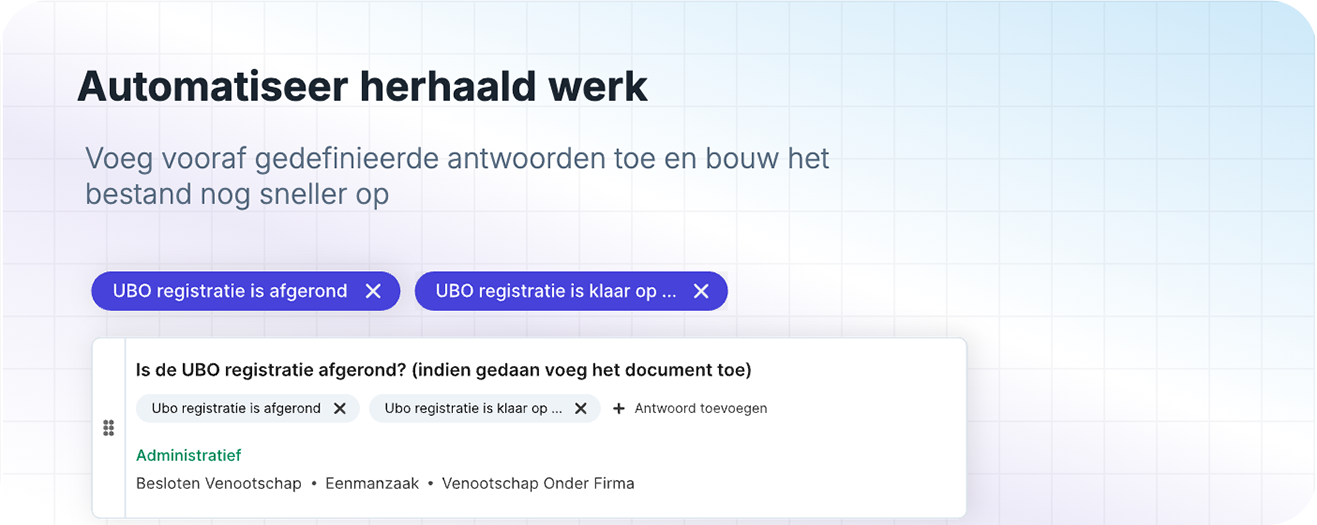 Interface die de automatisering van repetitief werk laat zien met knoppen en een tekstvak.