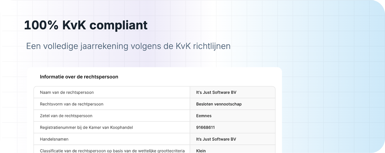 Een webpagina met tekst op een blauwe achtergrond met een kleurverloop, waarmee 100% KvK-conformiteit wordt geadverteerd.