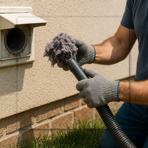 Person cleaning dryer vent with a vacuum, removing lint from outside a house.
