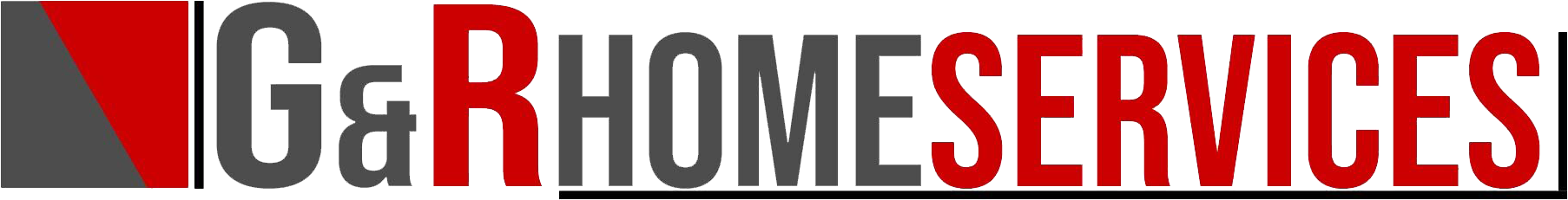 Logo for G & R Home Services. Text is gray and red. Red angled shape on the left side.