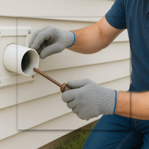 Man cleaning a dryer vent with a brush, wearing gloves, outside next to siding.