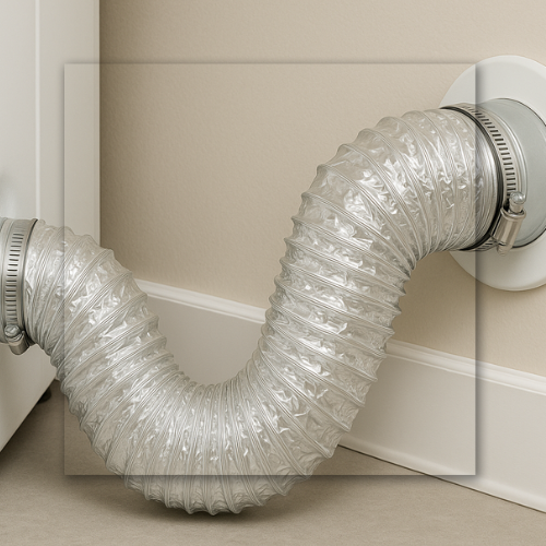 Flexible dryer vent hose connected between a white appliance and a wall.