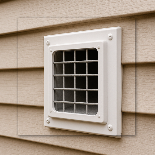 White square vent with metal grid on tan siding.
