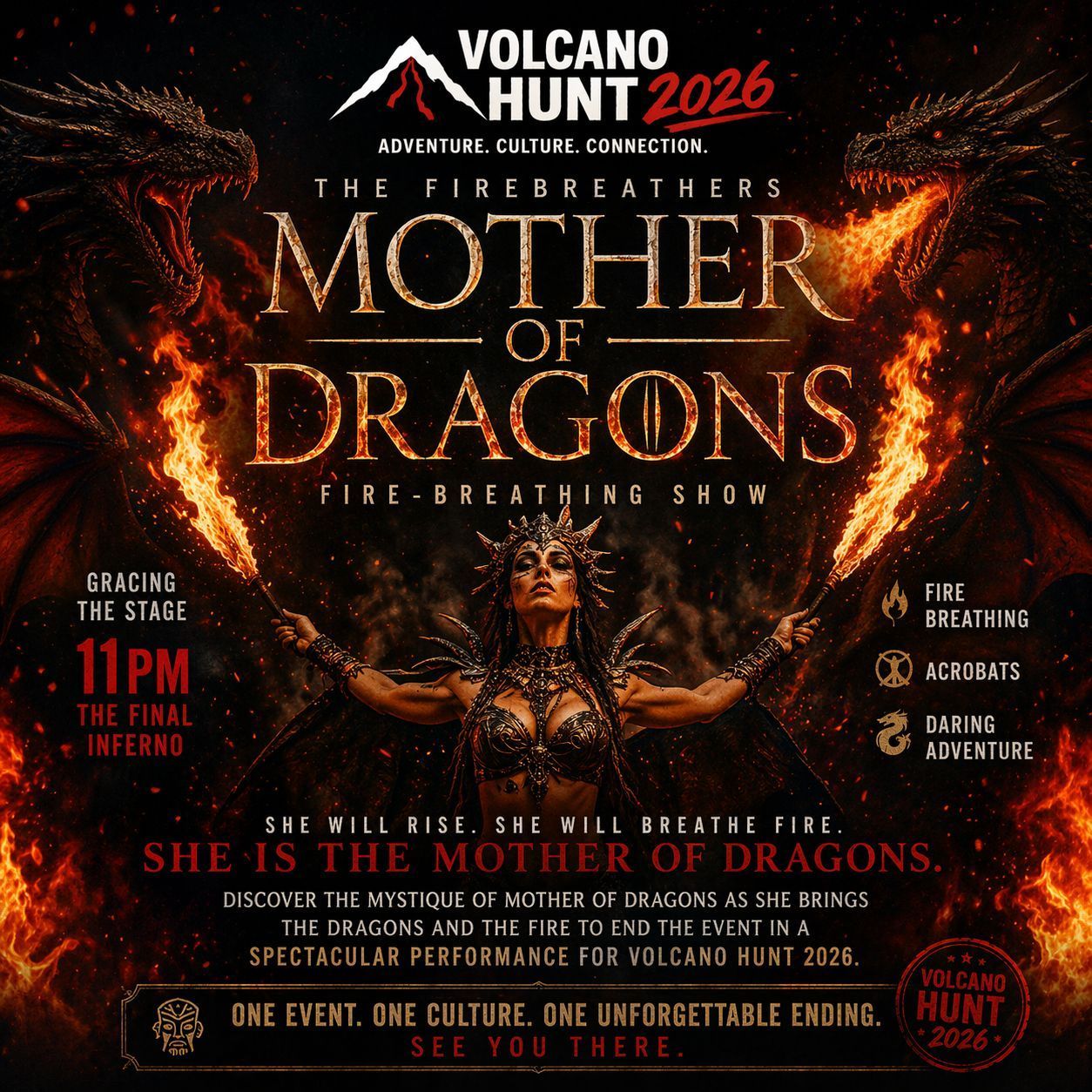 Fire performers on stage with flames. Two others stand nearby. Night setting.