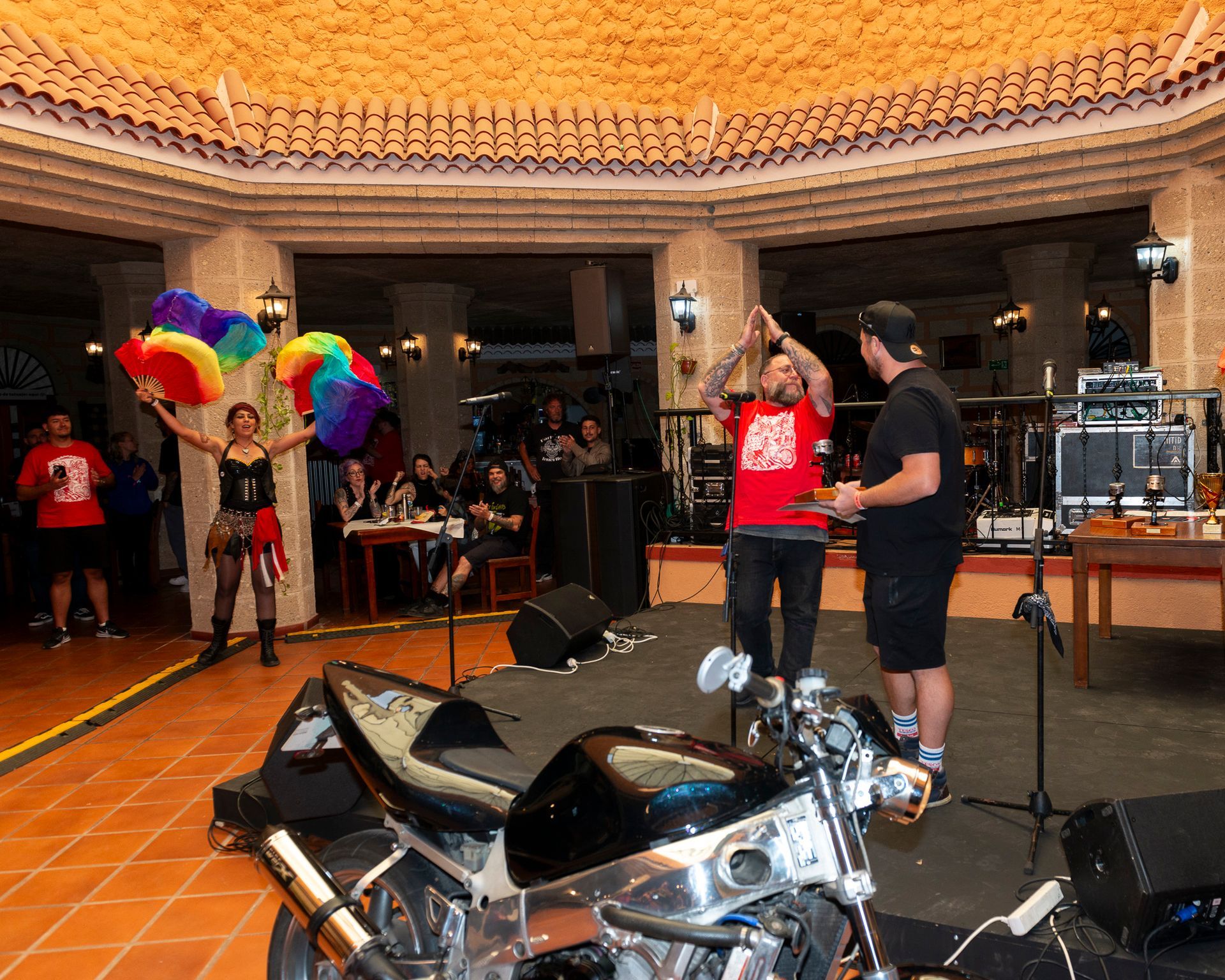 A man in a red shirt that says ' i love you ' on it