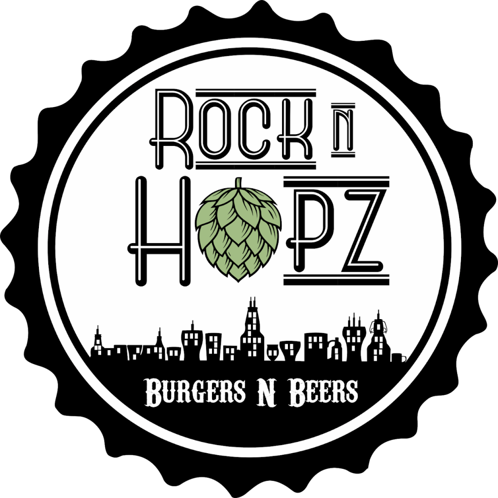 A logo for a restaurant called rock n hopz burgers n beers.