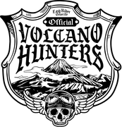 A black and white logo for the volcano hunters