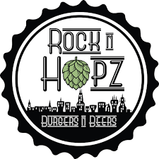 A logo for a restaurant called rock n hopz burgers and beers.