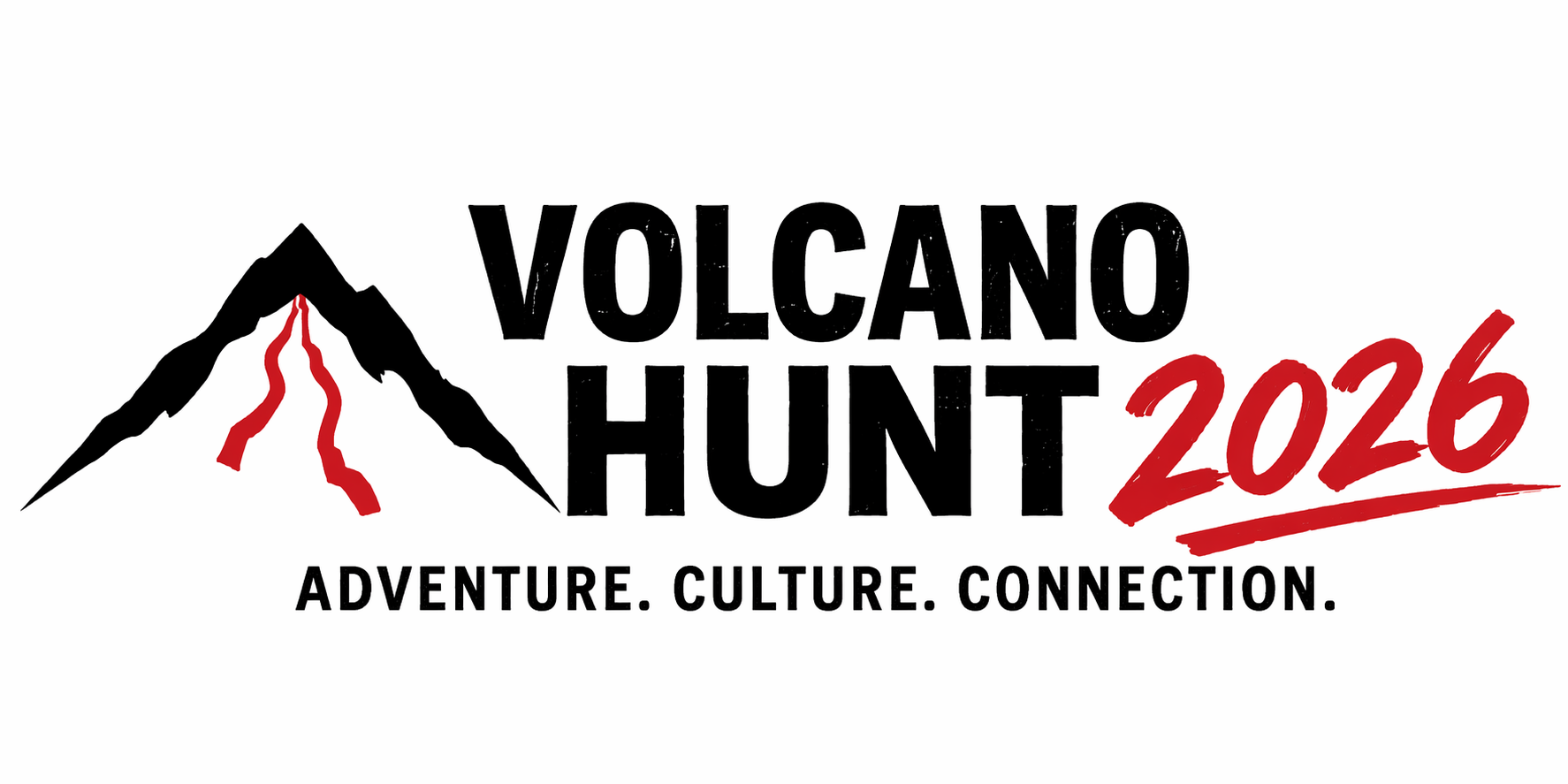 A black and white logo for the volcano hunters
