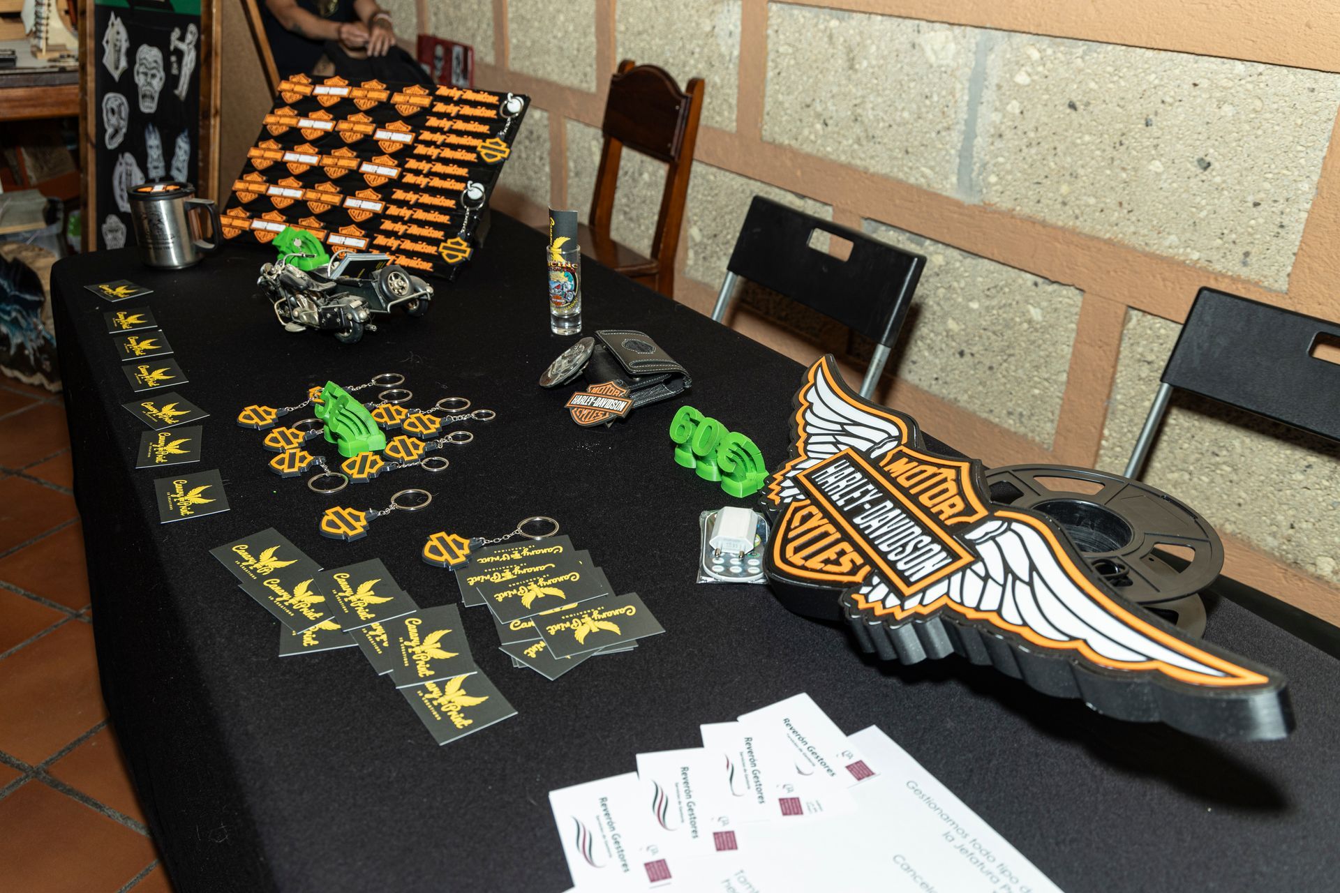 A table with a harley davidson emblem on it